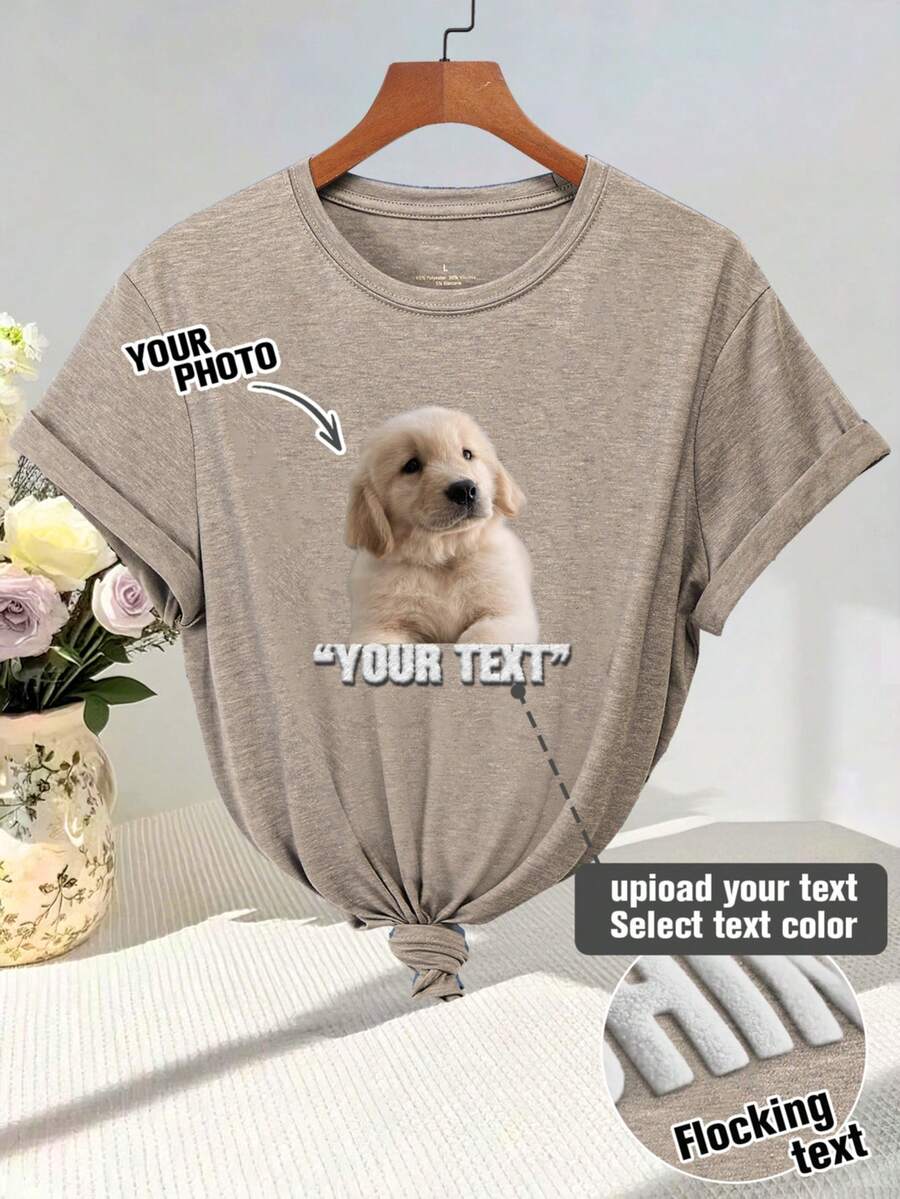 Camiseta personalizada para mujer, de manga corta para mujer. Ingrese su texto, lema, letras divertidas, bendiciones, cargue sus propias fotos (fotos de pareja, fotos de mascotas, fotos de grupo) para diseñar su prenda de vestir de manga corta personalizada impresa, casual, para exteriores, deportes y actividades al aire libre, ropa deportiva para mujer, impresión flockada, adecuada para salir, ir de compras, festivales, fiestas, reuniones, viajes - Caqui - Ver 1