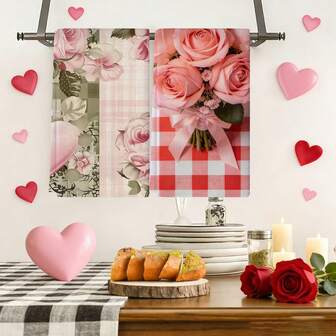1/1/2 Set Of Valentine's Day Themed Towels, With Red Water Buffalo Grid As The Main Color, Featuring A Heart And Rose Pattern Design, Woven From 100% Polyester Fiber, Measuring 40 * 60 Cm, Machine Washable Polyester Material, Heat-Resistant, Stain Resistant, Waterproof, Easy To Clean, Used For Table And Bowl Cleaning, Can Be Used As Gifts, Household Daily Necessities, Kitchen Supplies, Valentine's Day Interior Decoration.