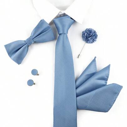 ZONFAZ 5pcs/Set Men's Business Classic Solid Color Necktie + Bow Tie + Pocket Square + Cufflinks + Lapel Pin Suit Accessory Set, Suitable For Weddings, Formal Events And Daily Suit Wear