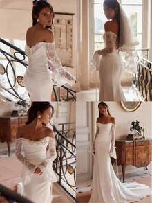 Sweetheart Sexy Off Shoulder Lace Long Sleeves Pleat Mermaid Satin Formal Wedding Dress Registry Office Dresses Bridal Fashion,Evening Party Dress Birthday Party Dress Country Wedding,Romantic Church Ceremony Wedding Dress,Suitable For Wedding,Dating,Party,Singles' Party,Vacation,Formal Occasions,Dinner Dress,Prom Dress,Homecoming Dess,Cocktail Party,Wedding Guest Dress,Graduation - 白色 - 查看 3