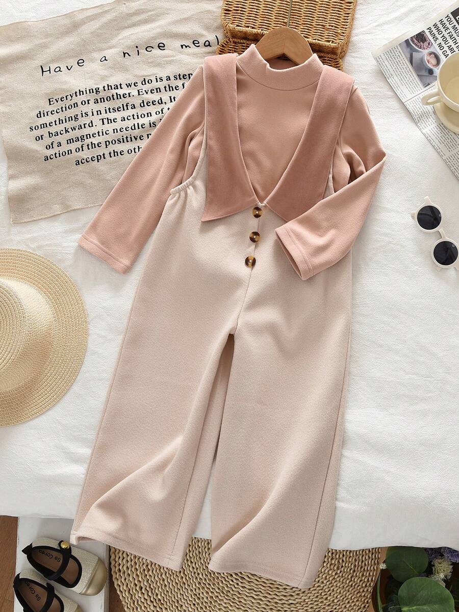 3-7 Years Old Girls Solid Color Long Sleeve Basic Top And Patchwork Collar Fashion Jumpsuit 2pcs Set Autumn Clothing Outfit - Pink - View 1