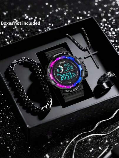 Conjunto de reloj deportivo para hombre, que incluye reloj de color degradado, collar, pulsera y anillo, con esfera grande, pantalla digital, cronómetro y función de fecha, adecuado para estudiantes, maestros, Navidad y uso diario, un regalo de reloj electrónico ideal
