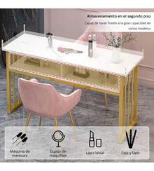 Mesa De Manicura 120cm Mármol Dorado Diseño Lujoso - Blanco - Ver 4