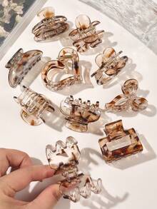 10个琥珀色透明果冻花、蝴蝶结、心形、方形、半圆形可爱多功能小发夹，刘海、马尾辫配饰，时尚爪夹，优雅发爪，休闲发夹，美发夹，夏季度假必备发饰 - 10件套-淺琥珀 - 查看 8