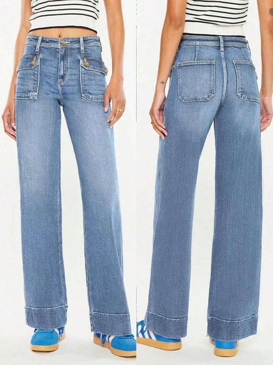 Women Wide Leg Jeans Tummy Control Mid-High Waisted Straight Stretchy Denim Pants With Pockets - 淺藍色 - 查看 1