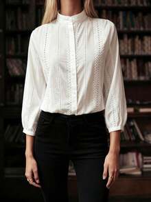 Women's Spring Bohemian 100% Cotton Retro Bohemian Leisure Vacation Style Embroidered White Long Sleeve Shirt, Suitable For Vacation, Commuting Office, Ramadan - White - View 8