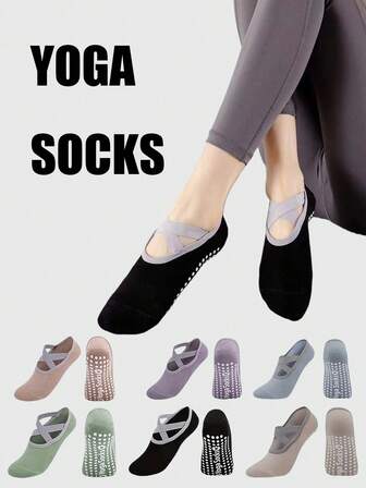 1双/2双/4双/6双装 - 彩色瑜伽袜，交叉绑带普拉提运动袜，芭蕾舞袜，硅胶防滑普拉提健身袜