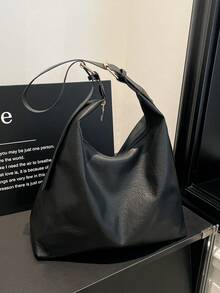 2026新款时尚纯色通勤手提包，简约小众设计腋下包，时尚大容量单肩包 - 黑色 - 查看 8