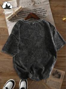 Camiseta de manga corta casual con estampado de gato para mujer, adecuada para el Día de San Valentín, vacaciones, uso en verano, color negro - Negro - Ver 5