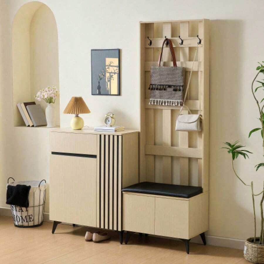 Combination Set: Modern Wardrobe With Bench & Sideboard/Shoe Cabinet – Stylish Storage Solution For Hallway, Living Room And Bedroom - 卡其色 - 查看 1