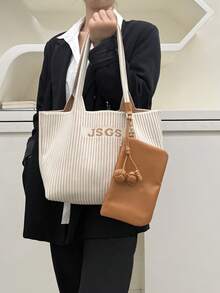 JIANSHANGGUSHI 2026 New Fashion Tote Bag, Commuter Shoulder Bag, Patchwork Knitted Bag, Macaron Color, With Small Wallet, Suitable For Office Ladies, Women, Girls - Khaki - View 3