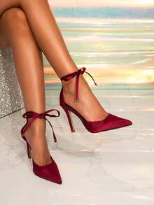 Black Suede High Heel Shoes, New Lace-Up Design, Fashionable & Cute, Suitable For Work Commute - Burgundy - View 9