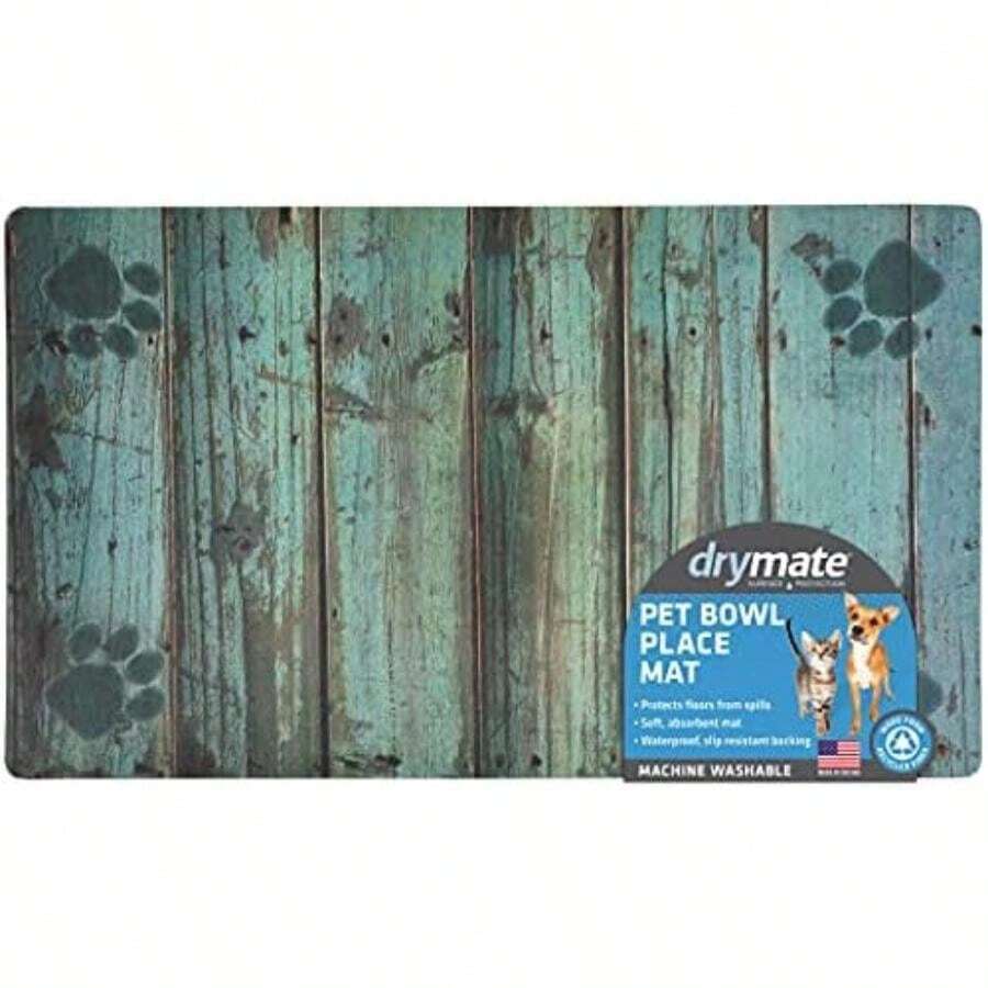 Drymate Mantel individual para cuenco para mascotas, tapete de alimentación de alimentos para perros y gatos, tela absorbente, parte trasera impermeable, antideslizante, lavable a máquina/duradero (hecho en Estados Unidos) (12 x 20 pulgadas) (cuadrado de diamante de topo)(12" x 20" Madera envejecida verde) - Multicolor - Ver 1