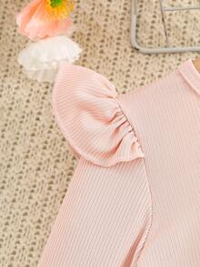 女童春夏两件套：长袖针织衫和无袖印花连衣裙，腰间系蝴蝶结，冰丝条纹面料，A字裙摆，休闲时尚童装 - 粉色 - 查看 5
