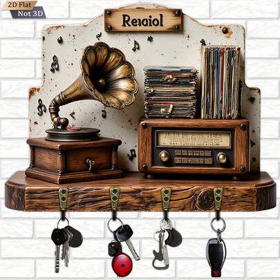 1pc Vintage Gramophone Shaped Key Holder Hook, Wooden Multi-Function Home Key Rack With 4 Metal Hooks, Suitable For Wall Decor, Porch Decor, Room Decor, Villa Decor And Year-Round Home Decor