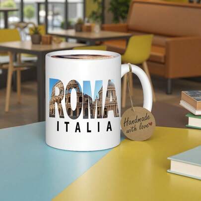 1pc Rome Italy Souvenir Mug With Colosseum & Pantheon - Large 11oz/350ml Ceramic Coffee Cup, Italian Travel Gift For Coffee, Tea, Hot Chocolate - Rome Italy Design With Bold ROMA ITALIA Letters -