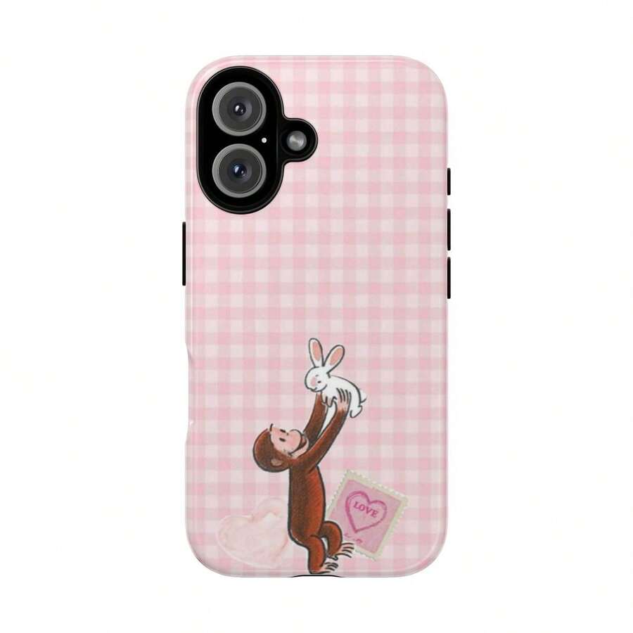 Pink Curious Monkey & Bunny Case – Cute Aesthetic Love Design Phone Cover For 15 14 13 12 11 Pro Max Plus SE - 1 - View 1