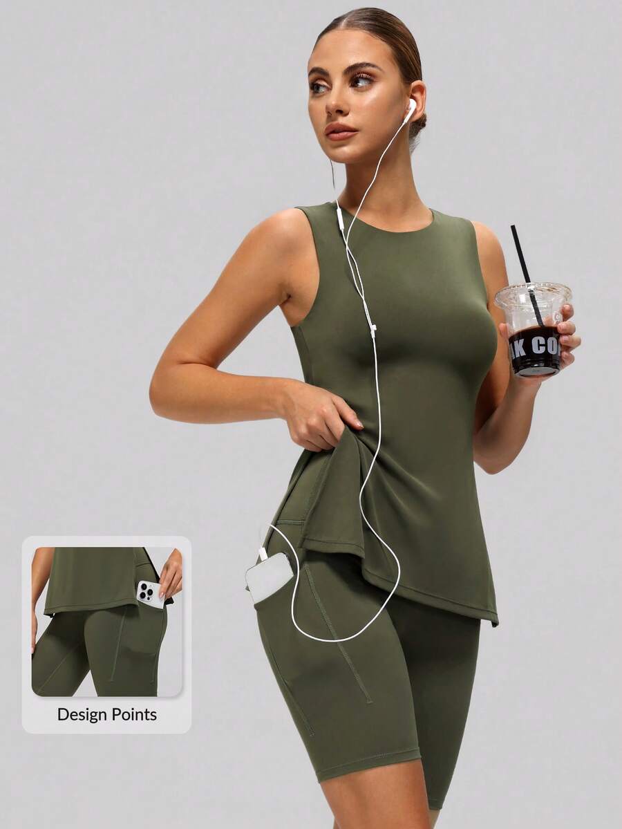 MASKERT Bộ đồ thể thao nữ 2 mảnh: Áo không tay cổ tròn (xẻ tà bên) + Quần short ôm sát, thân thiện với da và thoải mái, phù hợp cho tập thể dục và chơi tennis mùa hè. - Màu xanh Ô liu - Xem 1