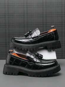 Men's Leather Printed Platform Slip-On Penny Loafers Fashion Round Toe Metal Decoration Non-Slip Lug Sole Business Dress Shoes For Driving Office Party - 黑色 - 查看 10