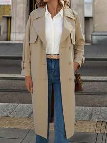 Women's Minimalist Long Windbreaker, Suitable For Spring And Autumn, With Belt And Pockets, Versatile For Various Occasions - Beige - View 5