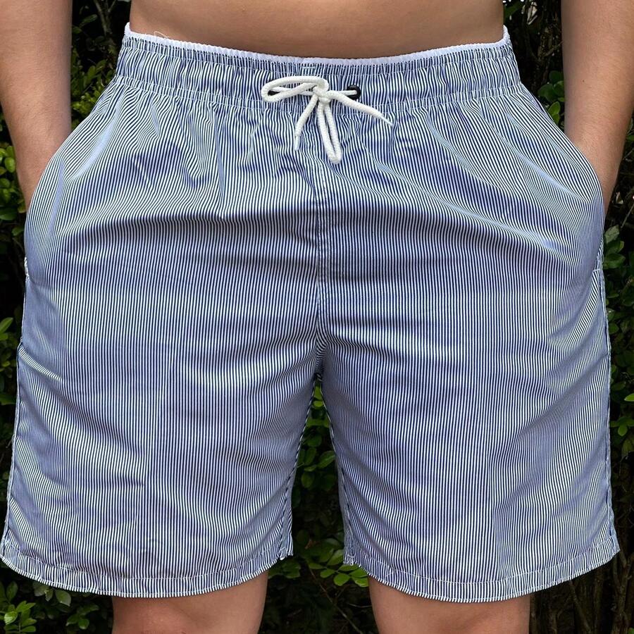 Men's Bermuda Shorts, Thick Tactel Fabric, Striped, Drawstring, Knot Detail. - Navy Blue - View 1