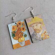 1 par de pendientes de madera con el patrón de pintura de la Noche estrellada y los Girasoles de Van Gogh - Multicolor - Ver 3