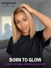 MEGALOOK 金色渐变挑染柔顺直发波波头假发，100%真人发丝 - 预剪裁6x5蕾丝，易于佩戴，预先拔毛，隐形打结，无需胶水，短款波波头真人发蕾丝闭合假发，透明蕾丝透气帽，12英寸 - 无需胶水，新手友好，自然逼真，日常佩戴 - S4/613 - 查看 2