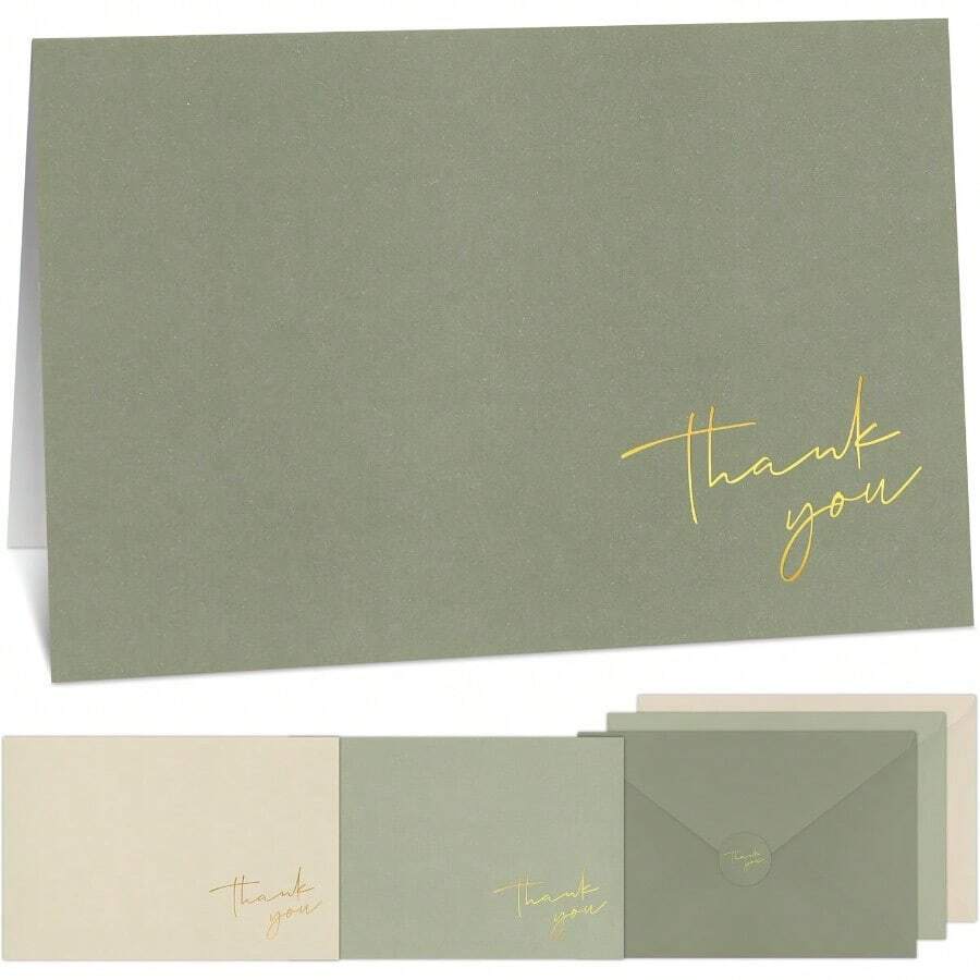 Hermoso juego de 30 tarjetas de agradecimiento con sobres y pegatinas - Elegantes tarjetas en blanco para notas personalizadas - Juego de papelería a granel perfecto para todas las ocasiones - verdeMusgo verde - Ver 1
