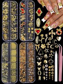 Zestaw 4 ozdób do paznokci, zdobione kryształkami i kamieniami szlachetnymi, róże, serca, krzyże, wzory Matki Boskiej - błyszczące koraliki 3D w stylu Y2K, w zestawie długopis i pęseta, biżuteria do paznokci w stylu Y2K dla kobiet, odpowiednia do makijażu, zestaw do zdobienia paznokci - akcesoria do paznokci - Boże Narodzenie, Walentynki, Dzień Matki - Wielokolorowe - Zobacz 5