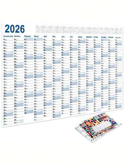 2026 Großer Wandkalender, 12-Monats-Jahresübersicht, lebendiges 365-Tage-Design, inklusive Aufkleber und Klebeband. Dieser Jahresplaner mit Memo-Spalten ist eine ideale Wahl für Ihr Büro, die Schule oder Zuhause.