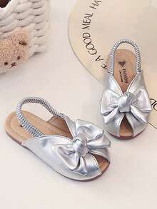 Sweet Bow Tie Kids Peep-Toe Slippers, Girls Elastic Band Soft Bottom Sandals, Fashionable Princess Style Baby Casual Shoes - Silver - View 2