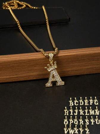 1pc Luxury Men's Necklace, Copper Inlaid Cubic Zirconia Crown & Letter Pendant, Stainless Steel Chain, Suitable For Daily Wear, Gift For Friends, New Year, Valentine's Day