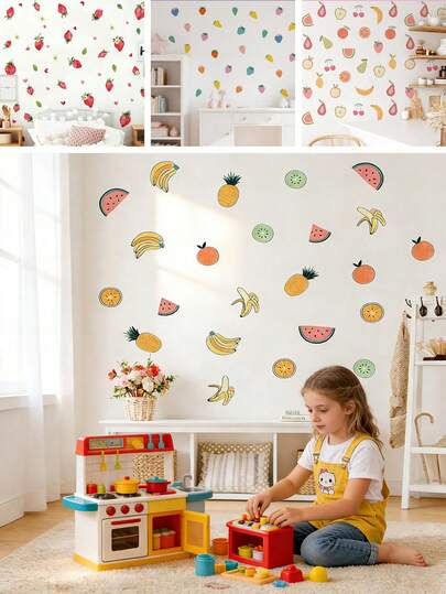 BRUP 3/4 张卡通水果墙贴，儿童适用，可移除自粘乙烯基贴纸，儿童卧室游戏室日托装饰