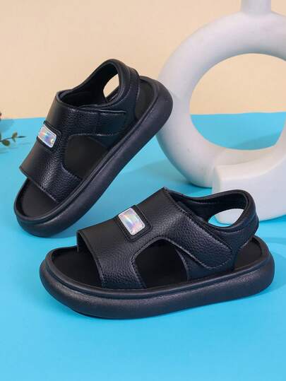 2026 Kids Black Thick Sole Sandals, Hook And Loop Soft Bottom Shoes, Boys Girls Iridescent Logo Casual Beach Shoes