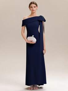 EVERPRETTY Đầm dài màu xanh navy thanh lịch, không tay, cổ lệch, được trang trí bằng nơ, phù hợp cho phụ nữ tham dự nhiều dịp trọng đại, tiệc trang trọng, đám cưới, tiệc mùa xuân, dạ hội tốt nghiệp, tiệc cưới bán trang trọng. - Màu xanh hải quân - Xem 7