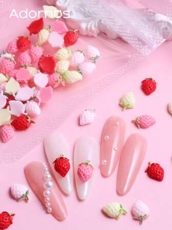 Spring Cute Strawberry Nail Art Accessories Mixed Size Colorful Cream Strawberry Kawaii Manicure Decoration Y2k Girls Valentines Day DIY Nails Jewelry