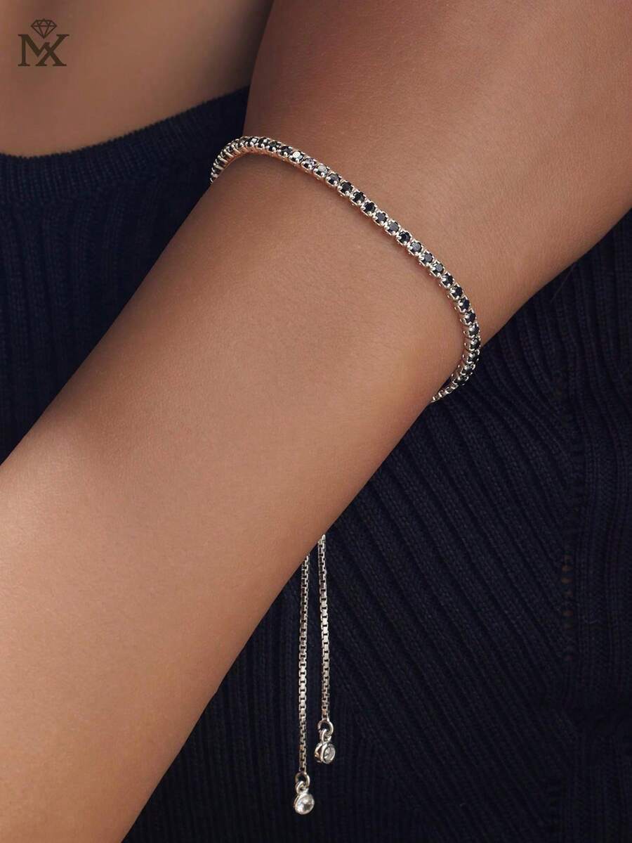 SYMFNY 1pc 925 Sterling Silver Adjustable Tennis Bracelet, Cubic Zirconia Beads Luxury Jewelry, Women's Daily Wear, Holiday Jewelry Gift