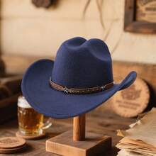 Western Style Cowboy Cap Stylish Pentagram Leather Belt Decorated Wide Brimmed Fedora Hat For Men Women Outdoor Wear - 藏青色 - 查看 2