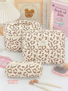 1pc Quilted Leopard Print Design Cosmetic Bag, Vintage Leopard Print Design Cosmetic Bag Makeup Bag Make Up Bag Makeup Pouch Toiletry Bag Wash Bag Travel Essential Cruise Essential Vacation Essentials For Men Women Travel Containers Holiday Essential Gifts For Women - Brown - View 5