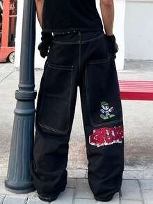 Infinite Jeans 1pc American Street Style Embroidered Large Pocket Men's Wide Leg Pants Loose Comfortable Fashion Shopping All Season Denim Jeans (Product Does Not Include Belt And Accessories) - Black - View 7