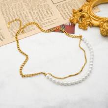 18K Gold Plated Stainless Steel Vintage Snake Bone Wrapped Pearl Necklace, Layered Choker Necklace, Elegant Gift For Women, Suitable For Daily Wear Or Christmas Gift - Gold - View 5