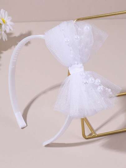 1 Pc Mesh Bow Headband For Girls. Elegant Large Tulle Bow Hair Band, Fairy Hair Styling Tool. Elegant Hair Accessory For Fixing Bang,Birthday Party, Dance Party, Daily ,Wedding Party. Hair Accessory For Princess Girls.(White, Pink, Red)
