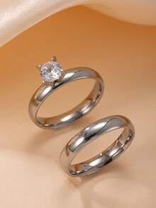 2pcs/Set 4mm Minimalist Zirconia Decorated Stainless Steel Rings, Women - 2pcs - View 8