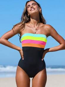 popvil 女士夏季撞色拼接抹胸连体泳衣，后背系带，配有可拆卸肩带，适合海滩度假派对 - 黑色 - 查看 8
