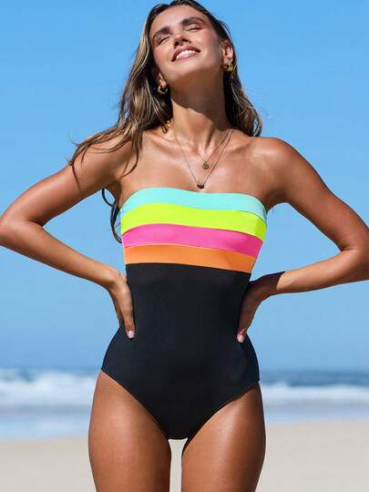 popvil 女士夏季撞色拼接抹胸连体泳衣，后背系带，配有可拆卸肩带，适合海滩度假派对
