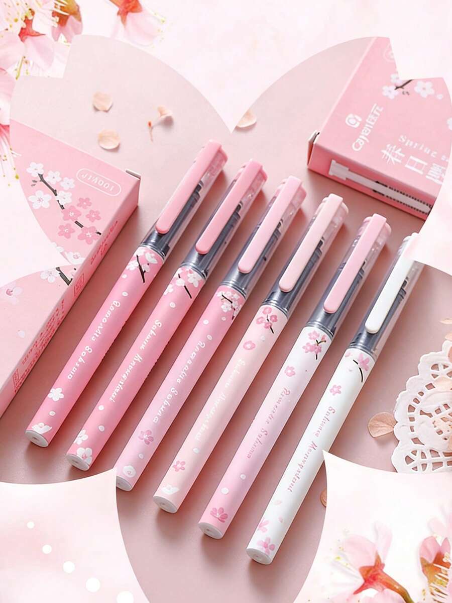 6pcs Black Rollerball Pens, Pink Bow Quick-Drying Gel Pens, 0.5mm Fine Point, Smooth Writing, Suitable For Office And Classroom, Adult Home Office, Family Education, Classroom Writing, Exams, Gel Pen & Ballpoint Pen Set, Holiday Stationery Gifts, Back To School Gifts