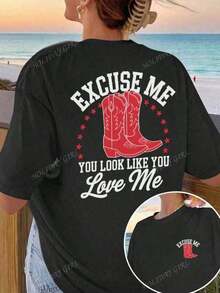 EXCUSE ME Ladies' Summer Street Red Boot Pattern Personalized Print Pattern Round Neck T-Shirt Western Style Clothing Women's Top. Graphic Tees Women Pink Top-White And Navy Off-The-Shoulder Cropped Top- Unisexideal Para Amigos - 黑色 - 查看 8