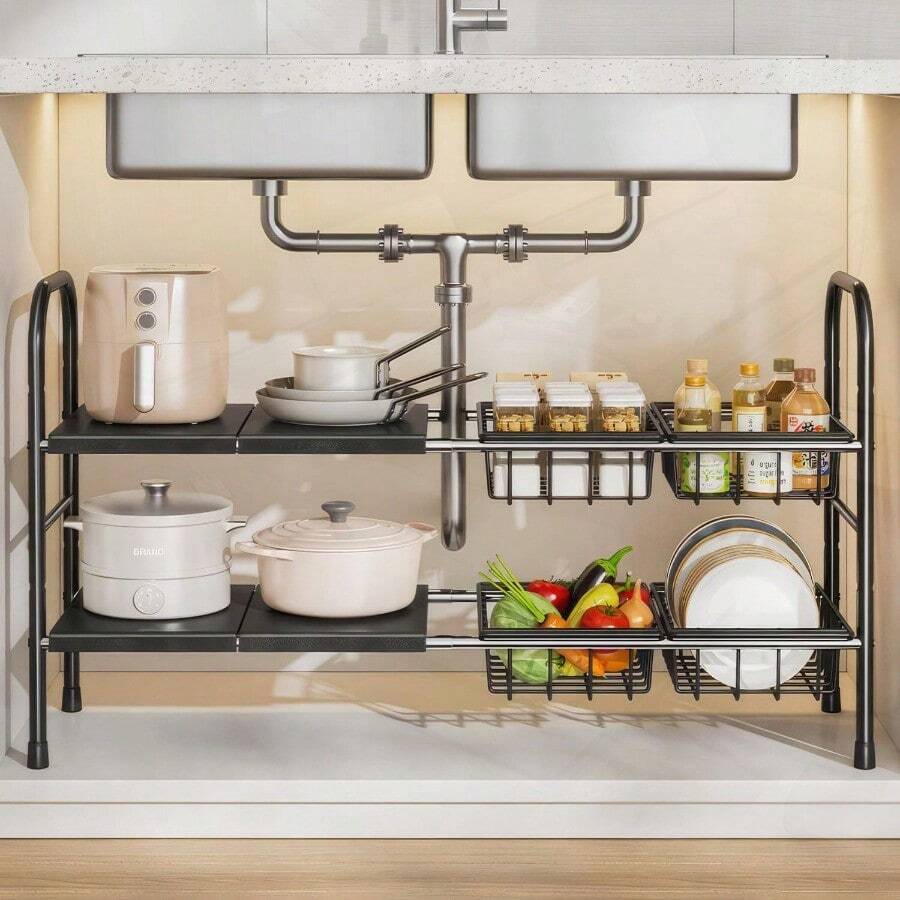 Hisemy Organizador de Debajo del FregaderoOrganizador de Fregadero Bandeja de Almacenamiento Estante de Almacenamiento para Cocina Despensa Baño Cajones y Alacena Negro-4 Paneles y 4 cestas - negro - Ver 1