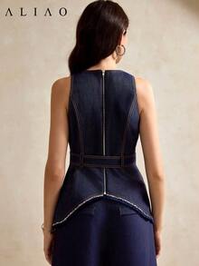 Aliao High-End Indigo Wash Style Waist Line Fringed Vest Top, Valentine's Day Outfit, Elegant Ladies, Prom Party , Homecoming, Court Style, Business Casual Woman, Suitable For Dinner, Festival Going Out, Wedding Season, Summer Outfits - Navy Blue - View 6