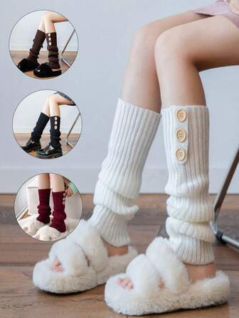 1双女士过膝长筒袜，超大针织袜套，五角星设计，Y2K休闲时尚亚文化，喇叭形筒袜，纯色加厚连裤袜